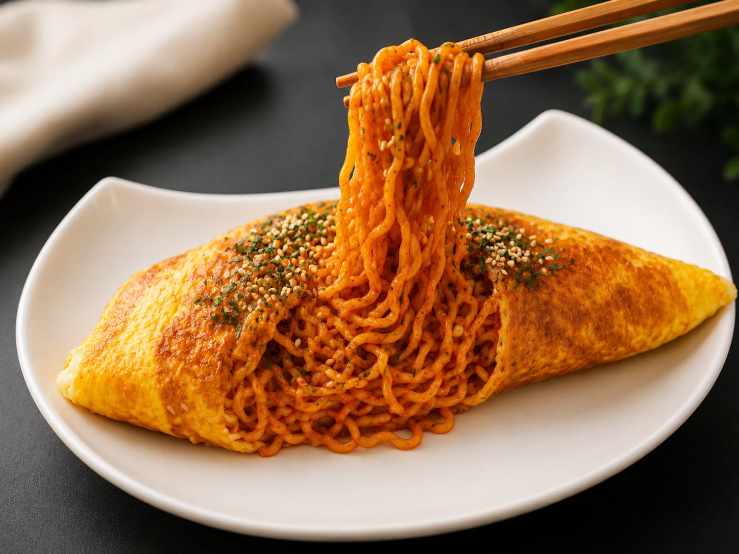 Noodles coreanos picantes envolvidos numa omelete dourada e macia.